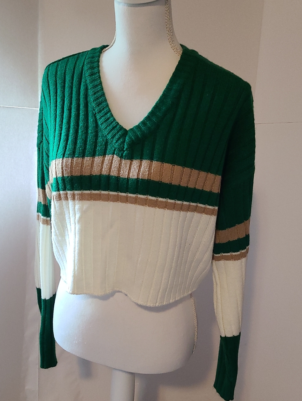 Streetwear Society Green/Cream /Tan V-Neck Striped Cropped Knit Sweater-Preppy